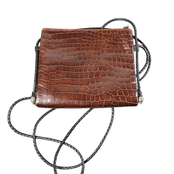 VTG Brighton Organizer Crossbody Bag Brown Croc Embossed Braided Strap Silver - Picture 3 of 11